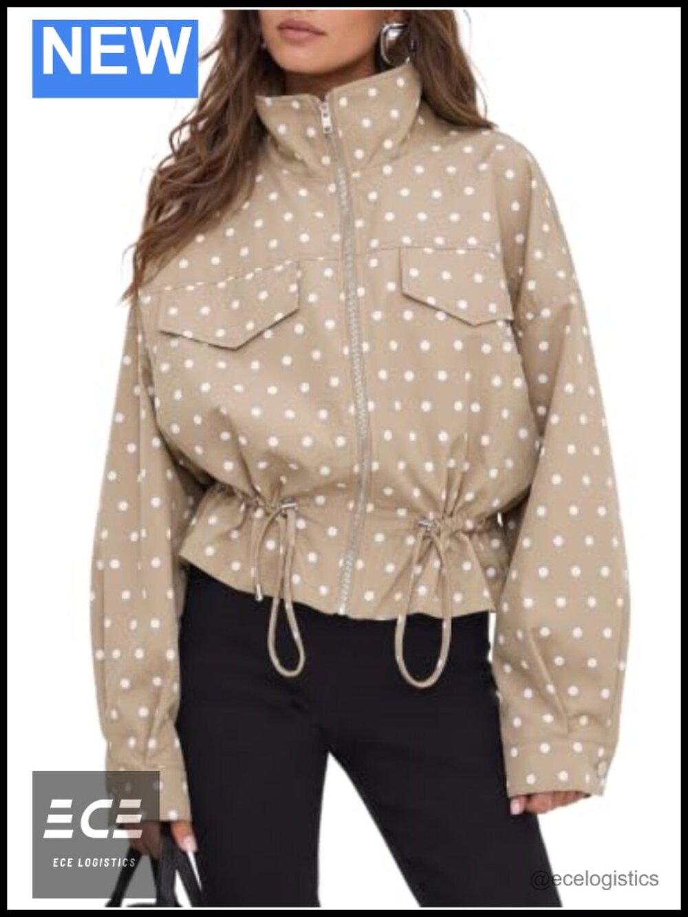 Womens Zip Up Polka Dot Drawstring Casual Jacket Oversized Fall Coat